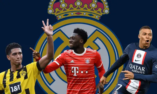 Jude Bellingham, Alphonso Davies and Kylian Mbappe in front of the Real Madrid badge
