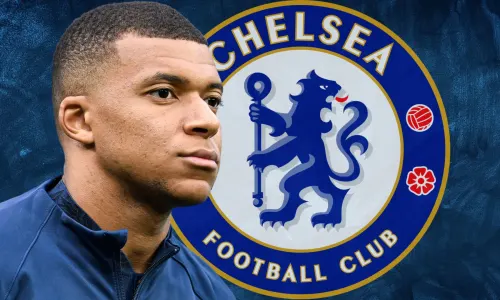 Kylian Mbappe and the Chelsea badge on a blue abstract background
