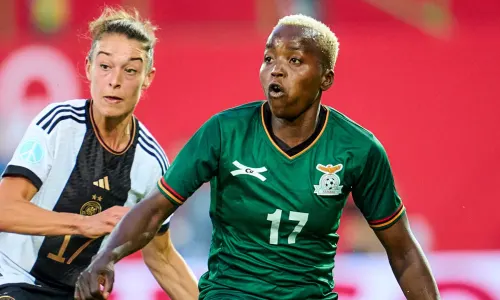 Racheal Kundananji plays in an international friendly for Zambia against Germany, 2023