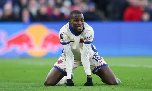 Nicolas Jackson reacts during Chelsea's Premier League match against Crystal Palace, Selhurst Park, 2024/25