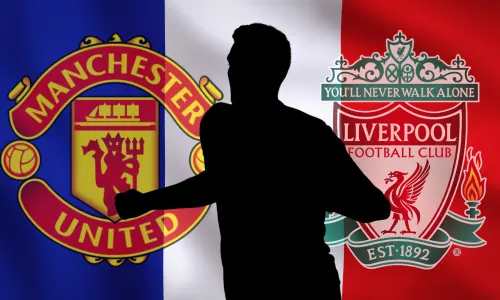 A silhouette of Bayern Munich defender Benjamin Pavard in front of the Manchester United and Liverpool badges, set against a background of the French flag
