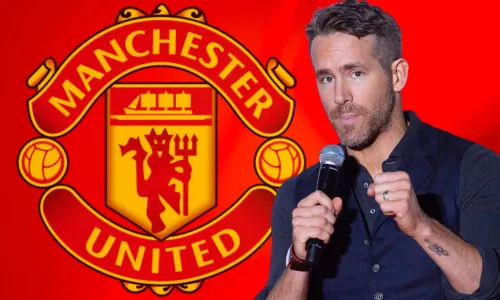 Ryan Reynolds and the Manchester United badge on a red abstract background