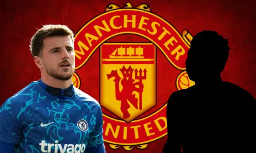 Mason Mount and a silhouette of Carlos Baleba either side of the Manchester United badge, set against a red abstract background