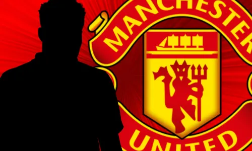 A silhouette of Thomas Partey, and the Manchester United badge on a red and black abstract background