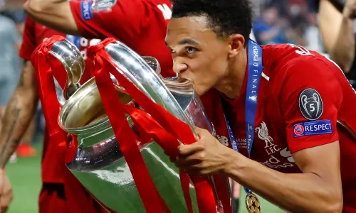 Trent Alexander-Arnold celebrates winning the 2019 Champions League with Liverpool