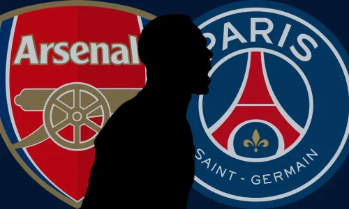 A silhouette of Arsenal defender Gabriel Maghalaes in front of the Arsenal and PSG badges, set against a plain dark blue background