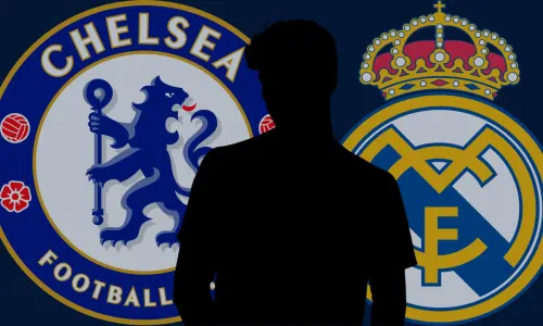 A black silhouette of Kai Havertz in front of the Chelsea and Real Madrid badges