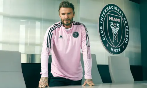 David Beckham poses in his office at Inter Miami, the MLS expansion club that he founded