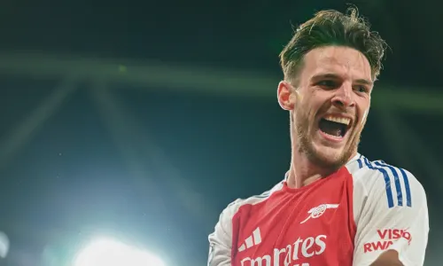 Arsenal's Declan Rice celebrates scoring a free kick against Real Madrid in the Champions League, 2024/25