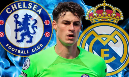 Kepa Arrizabalaga, the Chelsea and Real Madrid badges on a background of blue flames