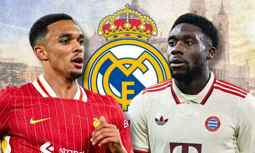Trent Alexander-Arnold and Alphonso Davies with the Real Madrid badge