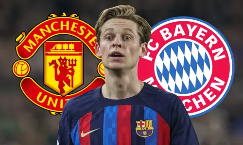 Frenkie de Jong of Barcelona in front of the Manchester United and Bayern Munich badges