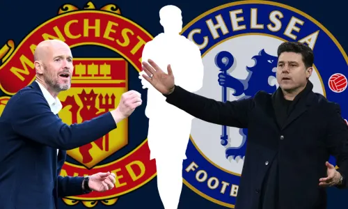 Erik ten Hag and Mauricio Pochettino with the Manchester United and Chelsea badges and a white silhouette of Illan Meslier, against a plan dark blue background