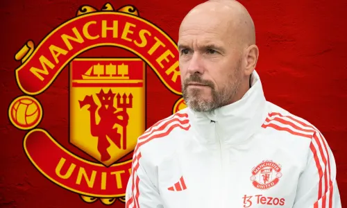 Erik ten Hag and the Manchester United badge on a red abstract background