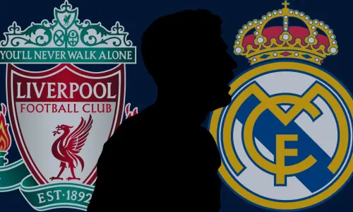 Silhouette of Andrew Robertson in front of the Liverpool and Real Madrid badges on a dark blue background