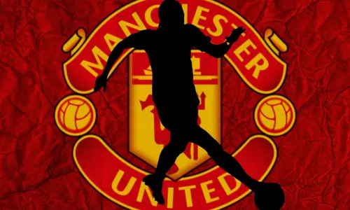 The Manchester United badge and a silhouette of Geyse on a red abstract background