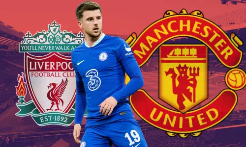 Chelsea's Mason Mount with the Manchester United and Liverpool badges, against a backdrop of Old Trafford in red