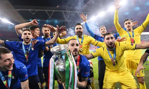 Leonardo Bonucci lifts the Euro 2020 trophy at Wembley after Italy defeated England on penalties