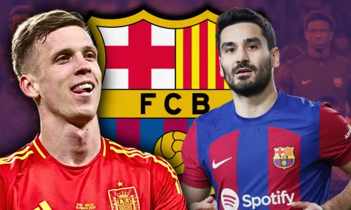 Ilkay Gundogan and Dani Olmo in front of the Barcelona badge