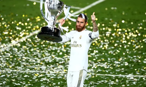 Sergio Ramos lifts the 2019/20 La Liga title for Real Madrid