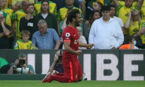 Mohamed Salah celebrates for Liverpool against Norwich in the Premier League