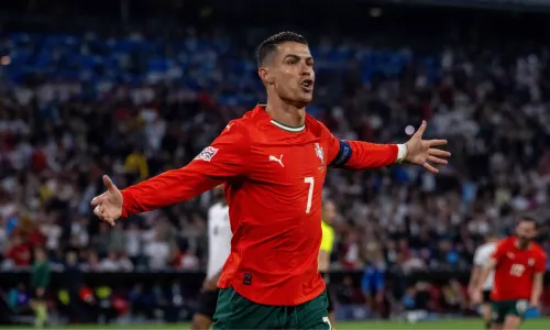 Cristiano Ronaldo celebrates scoring for Portugal against Germany in the 2025 Nations League finals