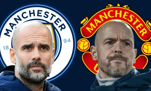 Pep Guardiola and Erik ten Hag in front of the Manchester City and Manchester United badges