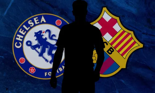 A silhouette of Ivan Fresneda, and the Chelsea and Barcelona badges on a blue abstract background