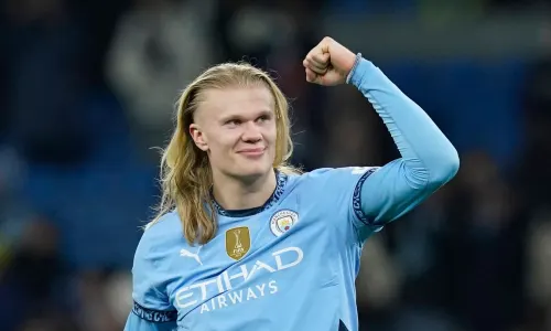 Erling Haaland celebrates Man City's victory over Chelsea