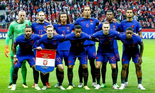 Het Nederlands elftal vlak voor de Nations League-wedstrijd tegen Polen