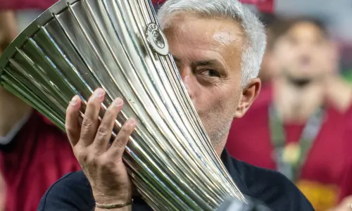 Jose Mourinho celebrates winning the Conference League with Roma