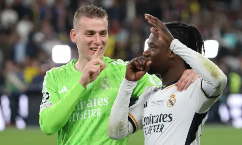 Andriy Lunin and Eduardo Camavinga of Real Madrid celebrate winning the 2023/24 Champions League