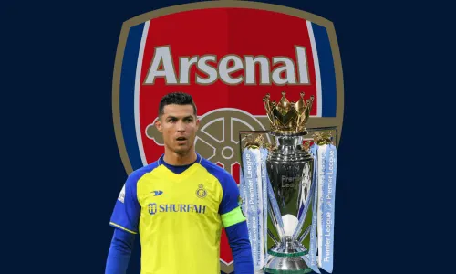 Cristiano Ronaldo and the Premier League trophy in front of the Arsenal badge
