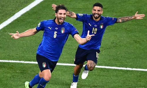 Sassuolo midfielder Manuel Locatelli celebrates after scoring for Italy against Switzerland at Euro 2020