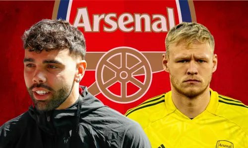 David Raya, Aaron Ramsdale and the Arsenal badge on a red abstract background