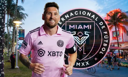 Lionel Messi and the Inter Miami badge in front of a street scene from Miami