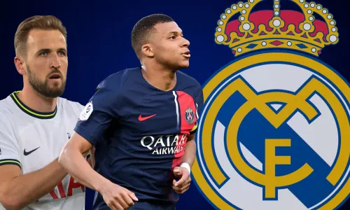 Harry Kane and Kylian Mbappe next to the Real Madrid badge, set against a dark blue background