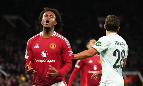 Joshua Zirkzee of Man Utd reacts during Europa League match with FC Twente at Old Trafford, 2024/25