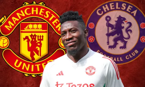 Andre Onana, the Manchester United and Chelsea badges on a red abstract background