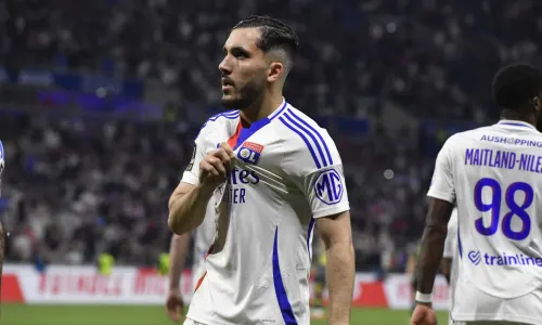 Lyon's Rayan Cherki celebrates scoring against Man Utd in the Europa League, 2024/25