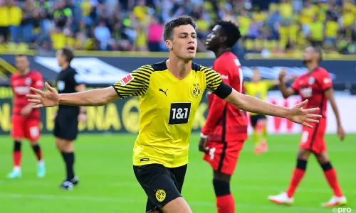 Gio Reyna celebrates scoring for Dortmund against Frankfurt in the Bundesliga