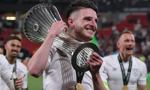 Declan Rice with the UEFA Europa Conference League trophy