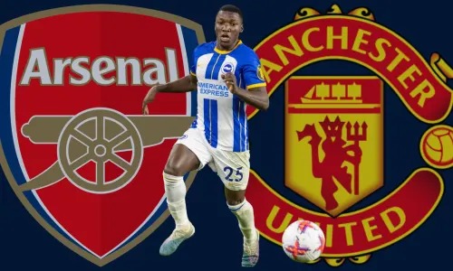 Brighton player Moises Caicedo with the Arsenal and Manchester United badges