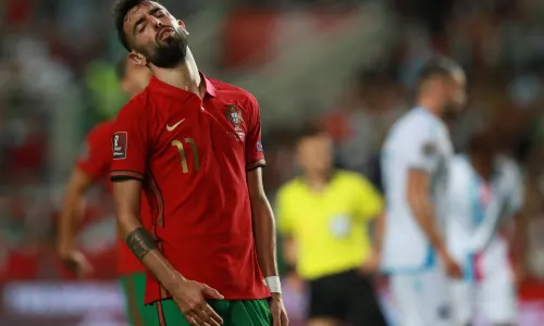 Bruno Fernandes playing for Portgual in a 2022 FIFA World Cup qualifier against Luxembourg at the Algarve Stadium.