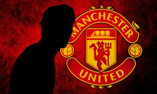 A black silhouette of Rasmus Hojlund of Atalanta with the Manchester United badge, set against a red and black abstract background