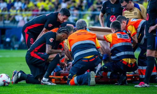 Barcelona's Marc-Andre ter Stegen receives treatment for an injury suffered against Villarreal