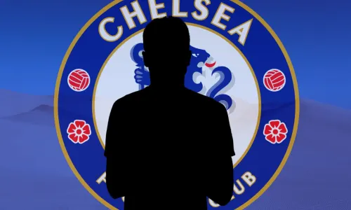 A black silhouette of Saul over the Chelsea badge, set against a background of a desert panorama in blue