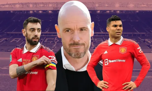 Bruno Fernandes and Casemiro of Manchester United in front of Erik ten Hag