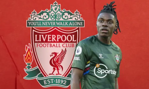 Romeo Lavia and the Liverpool badge on a red abstract background