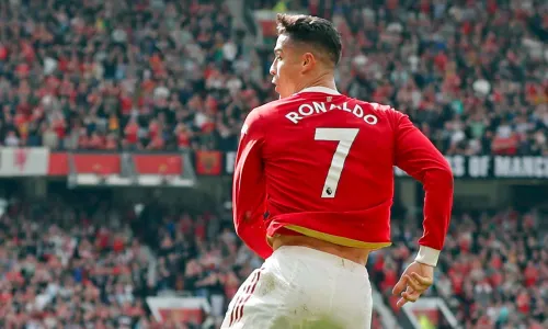 Cristiano Ronaldo celebrates scoring for Manchester United.